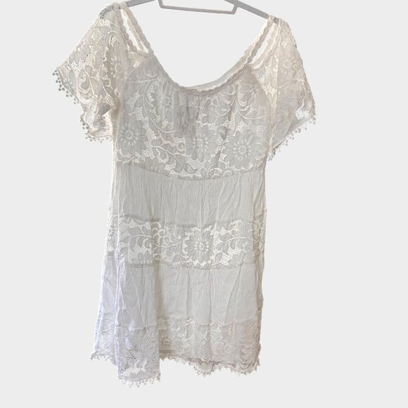 Signature Size L Robbie Bee White Lace Off-Shoulder Dress Pom Trim Sleeves - Picture 3 of 9